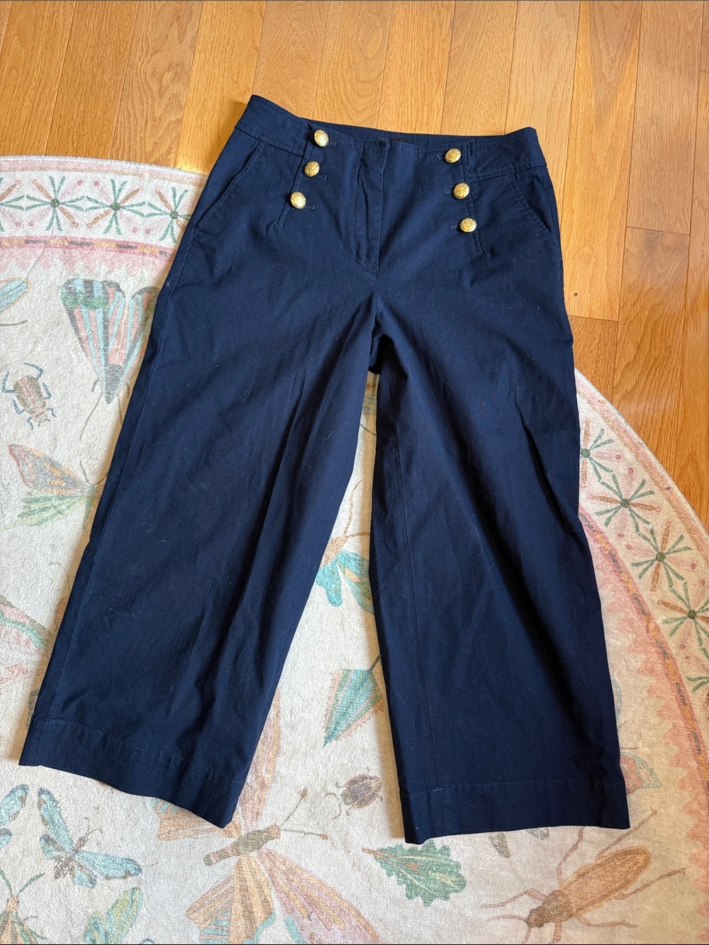 Talbots Navy Cropped Wide-Leg Sailor Pants with Gold Buttons